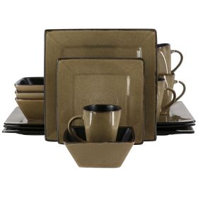 Gibson Elite Kiesling 16 Piece Hard Square Stoneware Dinnerware Set in Taupe and Black