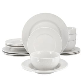 Elama Soyer 16 Piece Textured Design Double Bowl Porcelain Dinnerware Set in White