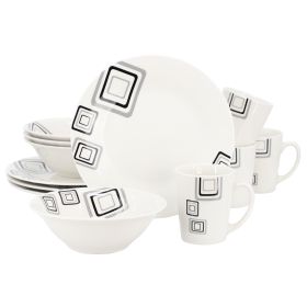 Gibson Home Black Squares 12 Piece Round Fine Ceramic Dinnerware Set in White