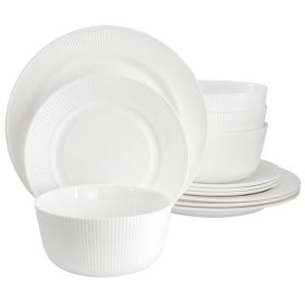 Ultra by Gibson Swanton Stripe 12 Piece Break-Resistant Opal Glass Dinnerware Set in White