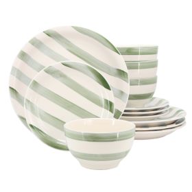 Gibson Home Kenwood Shores 12 Piece Stoneware Dinnerware Set in Green Stripe