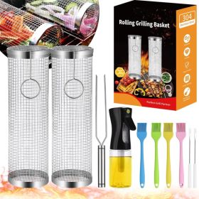 Rolling Grill Basket Grill Gifts For Men, 304 Stainless Steel, All-in-One Grilling Accessories For Vegetable Meat Food, Smoker BBQ Tools For Cooking C