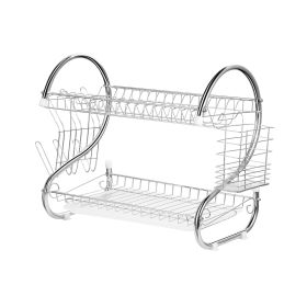 2-Tier Dish Rack Chrome-plated Steel Kitchen Drying Rack w/ Cup Drainer Cutlery Holder Removable Plastic Drainboard