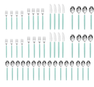 Mainstays 49 Piece Stainless Steel and Plastic Flatware Set with Tray, Teal Blue, Service for 8