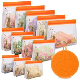 Orange 12 Pack Reusable Food Storage Bags Stand Up - Leakproof Reusable Freezer Bags; 5 Reusable Gallon Bags + 4 Reusable Sandwich Bags + 3 Reusa