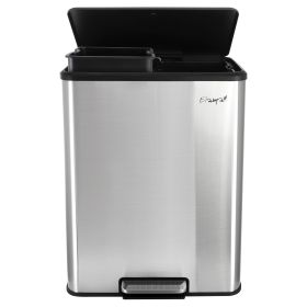 Elama 60 Liter 2 Compartment Large 8 Gallon Split Stainless Steel Step Trash Bin with Slow Close Mechanism
