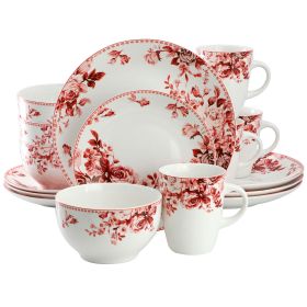 Elama Traditional Red Rose 16 Piece Stoneware Dinnerware Set