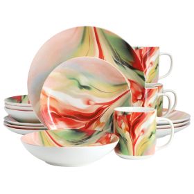 Elama Autumn Storm 16 Piece Abstract Design Round Porcelain Dinnerware Set in Multicolor