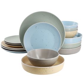 Elama Emilia 16 Piece Assorted Double Bowl Stoneware Dinnerware Set in Speckled Multi-Color
