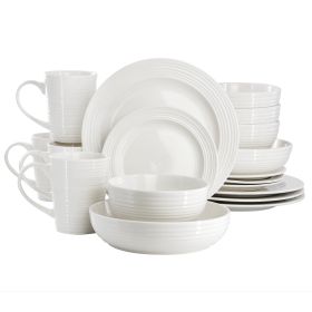 Elama Nikki 18 Piece Ribbed White Porcelain Dinnerware and Serving Bowl Set