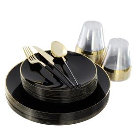 Elama 150 Piece Disposable Plastic Dinnerware Party Set for 25 Guests in Black with Gold Trim