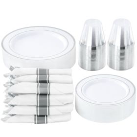 Elama 350 Piece Disposable Plastic Dinnerware Party Set for 50 Guests in White with Silver Trim