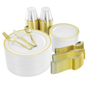 Elama 600 Piece Disposable Plastic Dinnerware Party Set for 100 Guests in White with Gold Trim