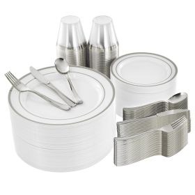Elama 600 Piece Disposable Plastic Dinnerware Party Set for 100 Guests in White with Silver Trim