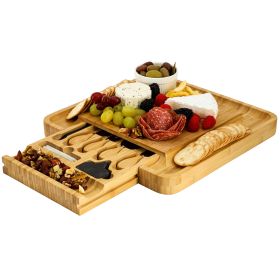 MegaChef Bamboo Charcuterie Cheese Board with Slide Out Drawer with Cheese Utensils, Bottle Opener, and 3 Piece Mini Chalkboard Set