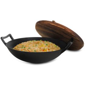 MegaChef 2 Piece 14 Inch Heavy Duty Cast Iron Wok with Wood Lid