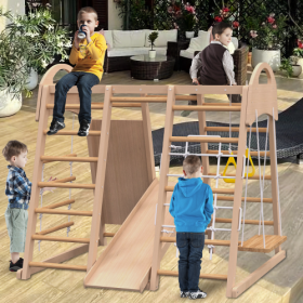 Indoor Playground 7-in-1 Jungle Gym Playset For Kids 2-6yrs - Slide, Climbing Wall, Rope Wall Climber, Monkey Bars, Swing - Waldorf And Montessor (Option: Natural Wood)