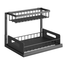 2 Tier Under Sink Organizers Pull Out Under Cabinet Basket Storage Shelf Sliding Drawer for Kitchen Bathroom (Color: black)